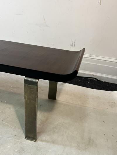 Donald Deskey MODERNIST ART DECO FLARED EDGE WOOD AND CURVED CHROME COFFEE TABLE BENCH