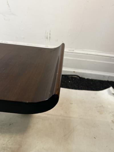 Donald Deskey MODERNIST ART DECO FLARED EDGE WOOD AND CURVED CHROME COFFEE TABLE BENCH