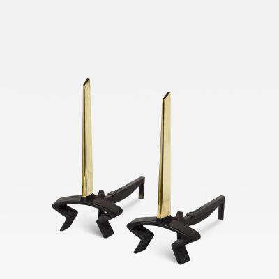 Donald Deskey Mid Century Modern Brass Black Cast Iron Andirons