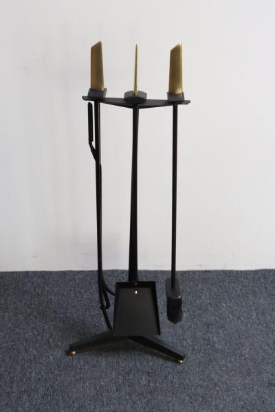 Donald Deskey Mid Century Modern Polished Brass and Iron Fireplace Tool Set by Donald Deskey