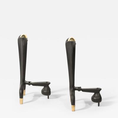 Donald Deskey Mid Century Sculptural Black Iron Brass Andirons by Donald Deskey for Bennet