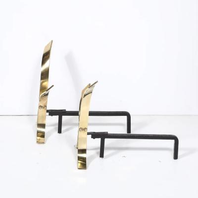 Donald Deskey Pair of Mid Century Modernist Andirons in Polished Brass by Donald Deskey