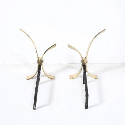 Donald Deskey Pair of Mid Century Modernist Andirons in Polished Brass by Donald Deskey
