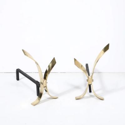 Donald Deskey Pair of Mid Century Modernist Andirons in Polished Brass by Donald Deskey