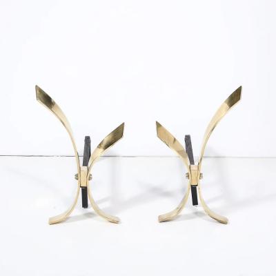 Donald Deskey Pair of Mid Century Modernist Andirons in Polished Brass by Donald Deskey