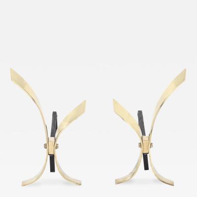 Donald Deskey Pair of Mid Century Modernist Andirons in Polished Brass by Donald Deskey