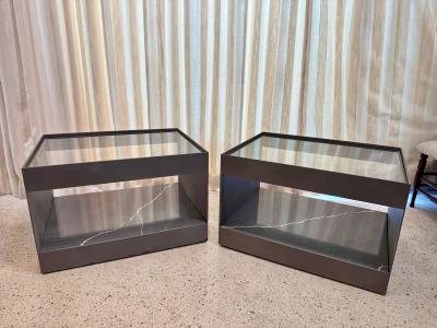 Donald Judd Two Tier Safety Wire Glass Top Brass Trim Side Tables on Casters Pair