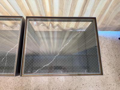 Donald Judd Two Tier Safety Wire Glass Top Brass Trim Side Tables on Casters Pair