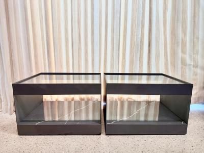 Donald Judd Two Tier Safety Wire Glass Top Brass Trim Side Tables on Casters Pair