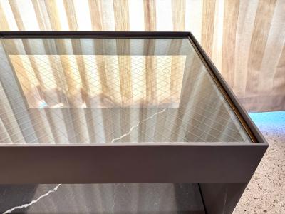 Donald Judd Two Tier Safety Wire Glass Top Brass Trim Side Tables on Casters Pair