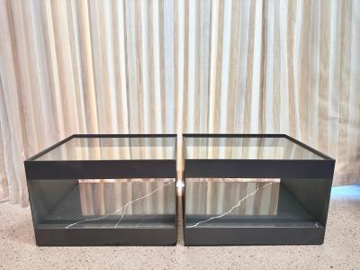 Donald Judd Two Tier Safety Wire Glass Top Brass Trim Side Tables on Casters Pair