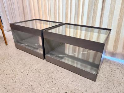 Donald Judd Two Tier Safety Wire Glass Top Brass Trim Side Tables on Casters Pair
