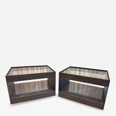 Donald Judd Two Tier Safety Wire Glass Top Brass Trim Side Tables on Casters Pair