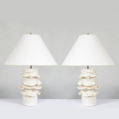 Dora Stanczel French Bespoke Pair of Glazed Porcelain Wide Swirl Lamps