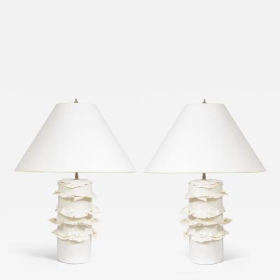 Dora Stanczel French Bespoke Pair of Glazed Porcelain Wide Swirl Lamps
