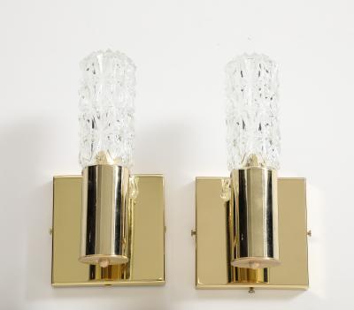 Doria Leuchten Pair of 1960s Minimalist Brass and Faceted Crystal Wall Sconces by Doria