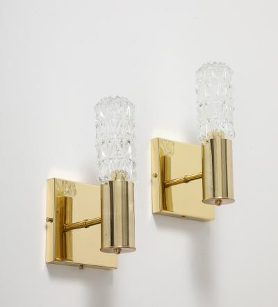 Doria Leuchten Pair of 1960s Minimalist Brass and Faceted Crystal Wall Sconces by Doria