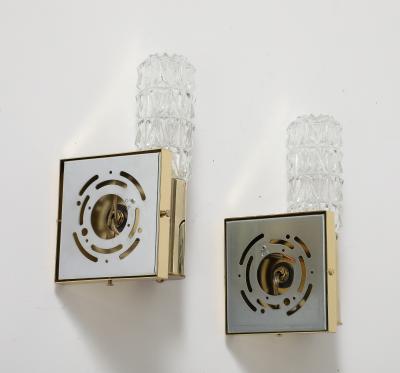 Doria Leuchten Pair of 1960s Minimalist Brass and Faceted Crystal Wall Sconces by Doria