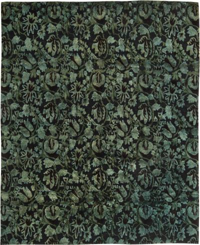 Doris Leslie Blau Collection Floral Green Black European Inspired Tibetan Rug