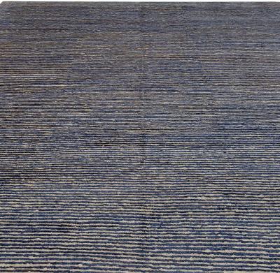 Doris Leslie Blau Collection Hemp and Silk Rug in Indigo and Sky Blue Stripes