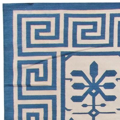 Doris Leslie Blau Collection Indian Dhurrie Blue and White Handmade Cotton Rug