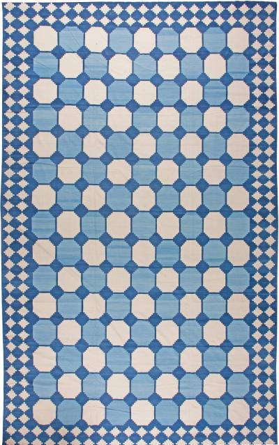 Doris Leslie Blau Collection Oversize Indian Dhurrie Blue White Beige Cotton Rug