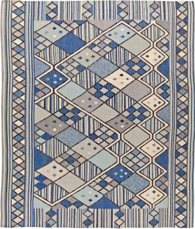 Doris Leslie Blau Collection Swedish Inspired Geometric Blue White and Gray Rug