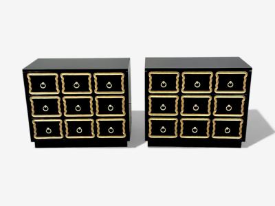 Dorothy Draper Dorothy Draper Style Hollywood Regency Black Lacquer Gilt Brass Commodes