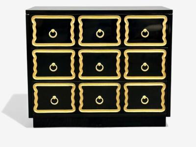 Dorothy Draper Dorothy Draper Style Hollywood Regency Black Lacquer Gilt Brass Commodes