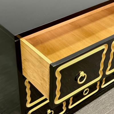 Dorothy Draper Dorothy Draper Style Hollywood Regency Black Lacquer Gilt Brass Commodes