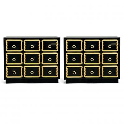 Dorothy Draper Dorothy Draper Style Hollywood Regency Black Lacquer Gilt Brass Commodes