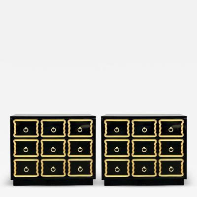 Dorothy Draper Dorothy Draper Style Hollywood Regency Black Lacquer Gilt Brass Commodes