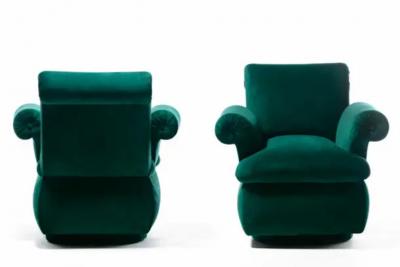 Dorothy Draper Dorothy Draper Style Hollywood Regency Swivel Arm Chairs in Emerald Velvet