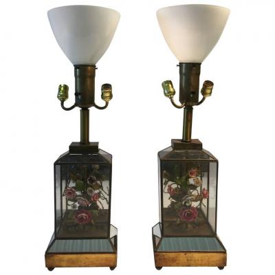 Dorothy Draper Dorothy Draper Style Mirrored Pair of Colored Shell Brass Flower Diorama Lamps