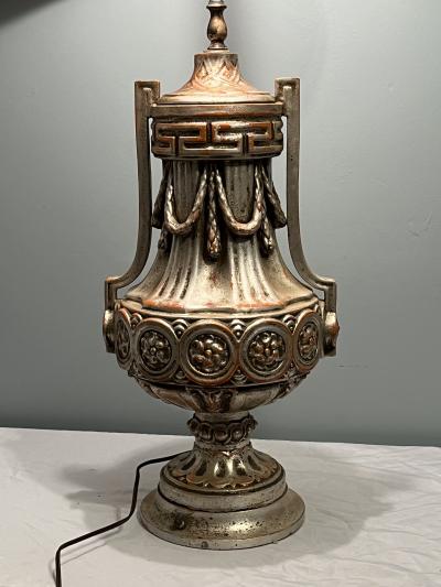 Dorothy Draper EXQUISITE PAIR OF SILVERED NEOCLASSICAL URN PLASTER LAMPS BY DOROTHY DRAPER