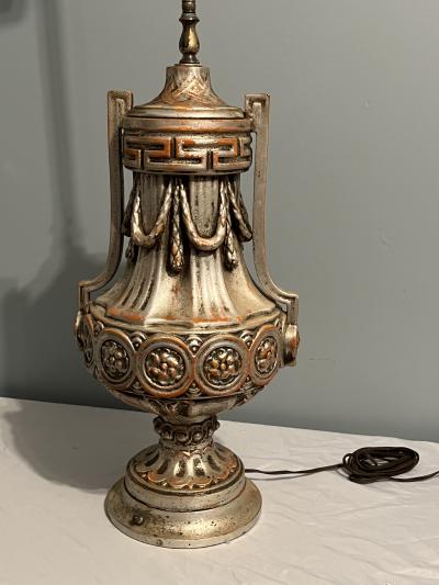 Dorothy Draper EXQUISITE PAIR OF SILVERED NEOCLASSICAL URN PLASTER LAMPS BY DOROTHY DRAPER