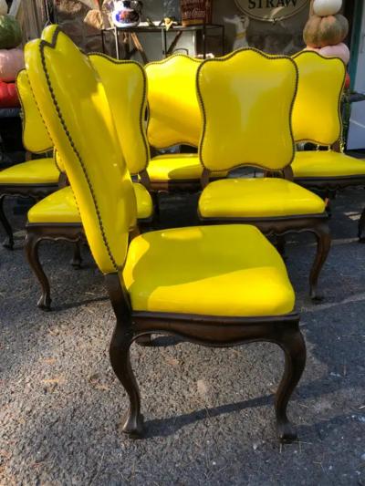 Dorothy Draper Exciting Set of 6 French Provincial Yellow Patent Leather Dining Chairs