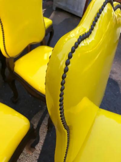 Dorothy Draper Exciting Set of 6 French Provincial Yellow Patent Leather Dining Chairs