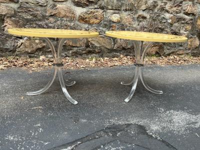 Dorothy Draper GOLD GARLAND WOOD TOP WITH GRACEFUL LUCITE BASE END TABLES BY DOROTHY DRAPER