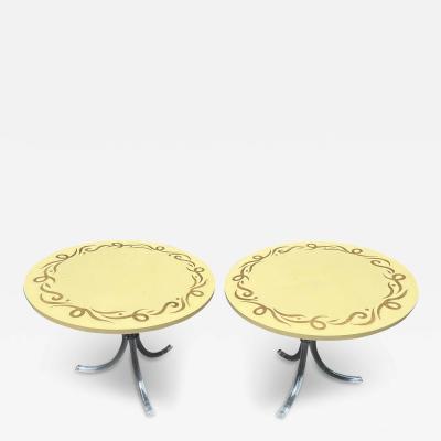 Dorothy Draper GOLD GARLAND WOOD TOP WITH GRACEFUL LUCITE BASE END TABLES BY DOROTHY DRAPER