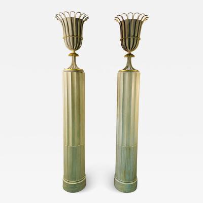Dorothy Draper GORGEOUS ART DECO GILT METAL AND CREAM WOOD FLUTED COLUMN TORCHIERES