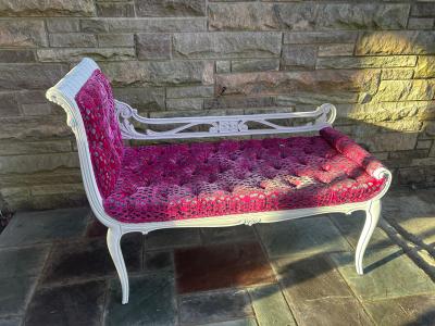 Dorothy Draper Gorgeous Hollywood Regency Antique Swan Bench Cut Velvet Upholstered