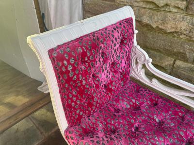 Dorothy Draper Gorgeous Hollywood Regency Antique Swan Bench Cut Velvet Upholstered