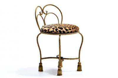 Dorothy Draper Hollywood Regency Gilt Rope Tassel Vanity Stool in Leopard Velvet