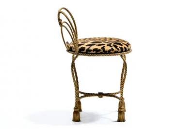 Dorothy Draper Hollywood Regency Gilt Rope Tassel Vanity Stool in Leopard Velvet
