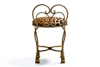 Dorothy Draper Hollywood Regency Gilt Rope Tassel Vanity Stool in Leopard Velvet