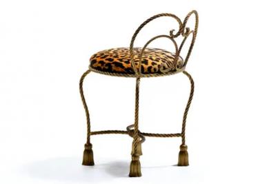 Dorothy Draper Hollywood Regency Gilt Rope Tassel Vanity Stool in Leopard Velvet
