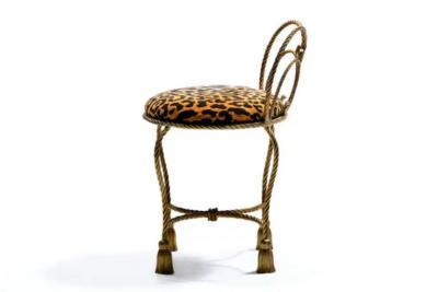 Dorothy Draper Hollywood Regency Gilt Rope Tassel Vanity Stool in Leopard Velvet