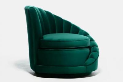Dorothy Draper Hollywood Regency Glamorous Asymmetrical Swivel Chairs in Emerald Green Velvet