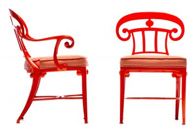 Dorothy Draper Hollywood Regency Style Set of 16 Indoor Outdoor Tangerine Orange Dining Chairs